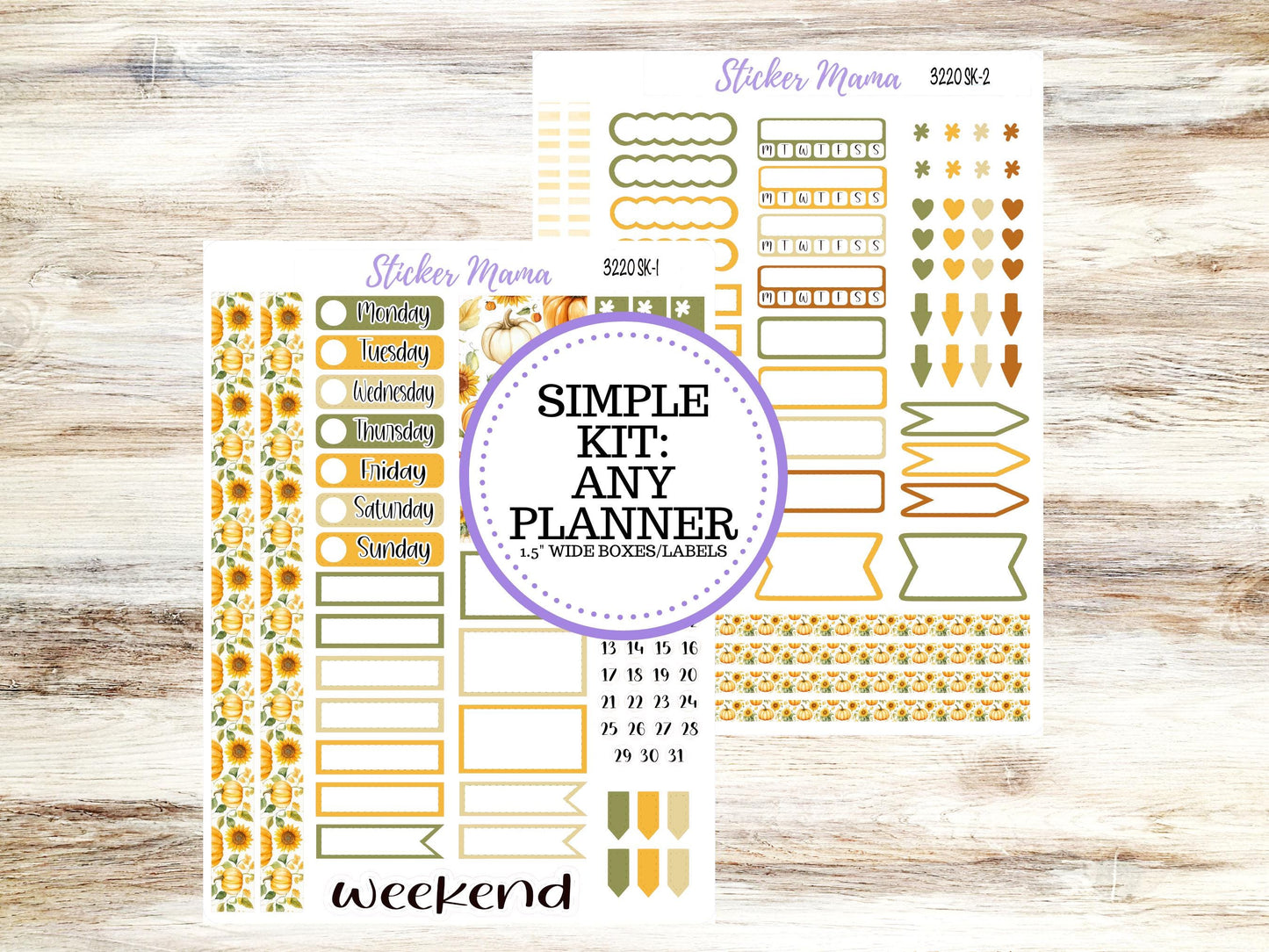 Simple 1.5 inch Planner Sticker Kits | Sunflower Harvest 3220