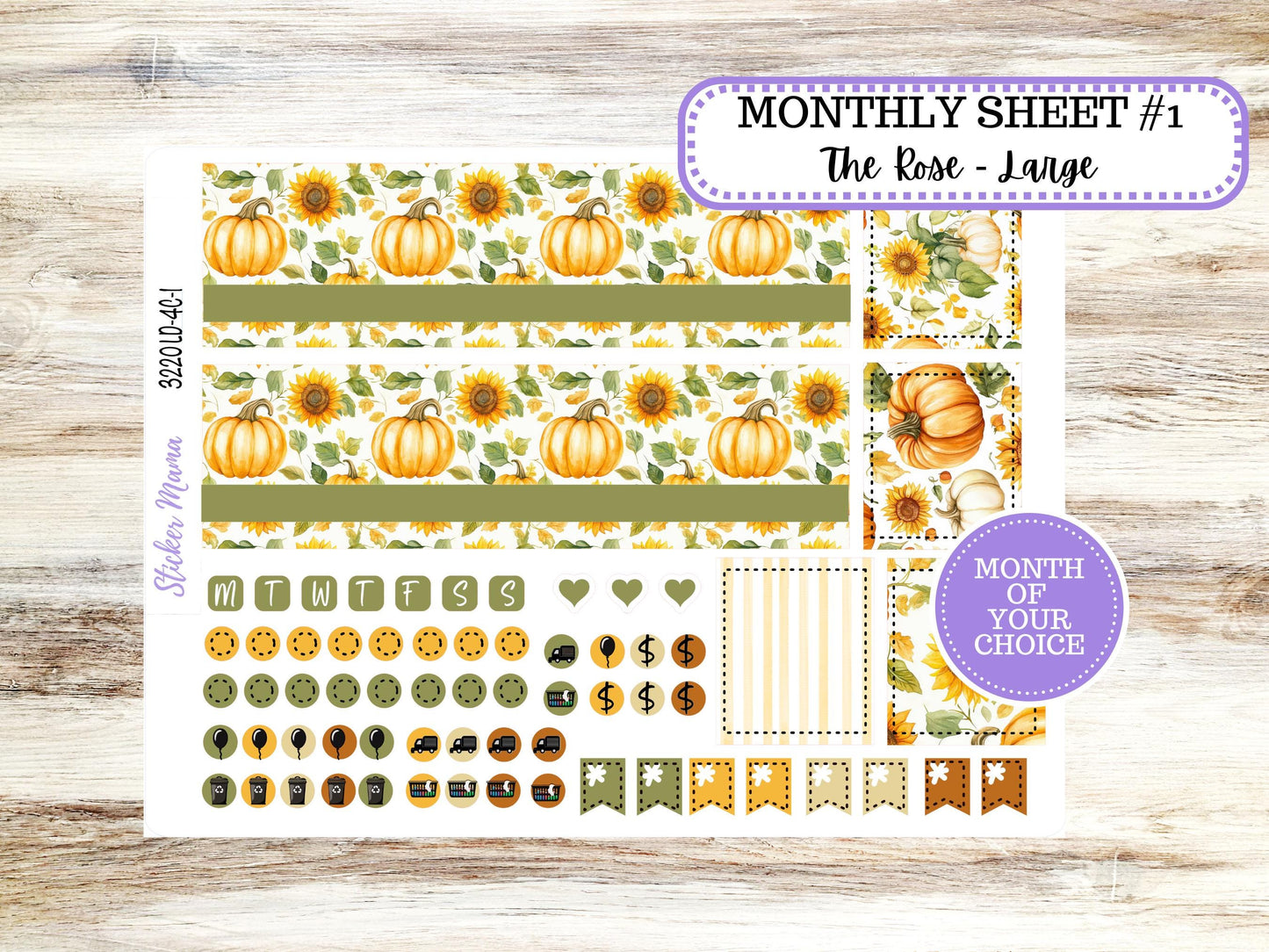Laurel Denise Large Rose Planner Sticker Kit | 4-COLUMN | Month of your Choice Fall | Sunflower Harvest 3220 | 6-26