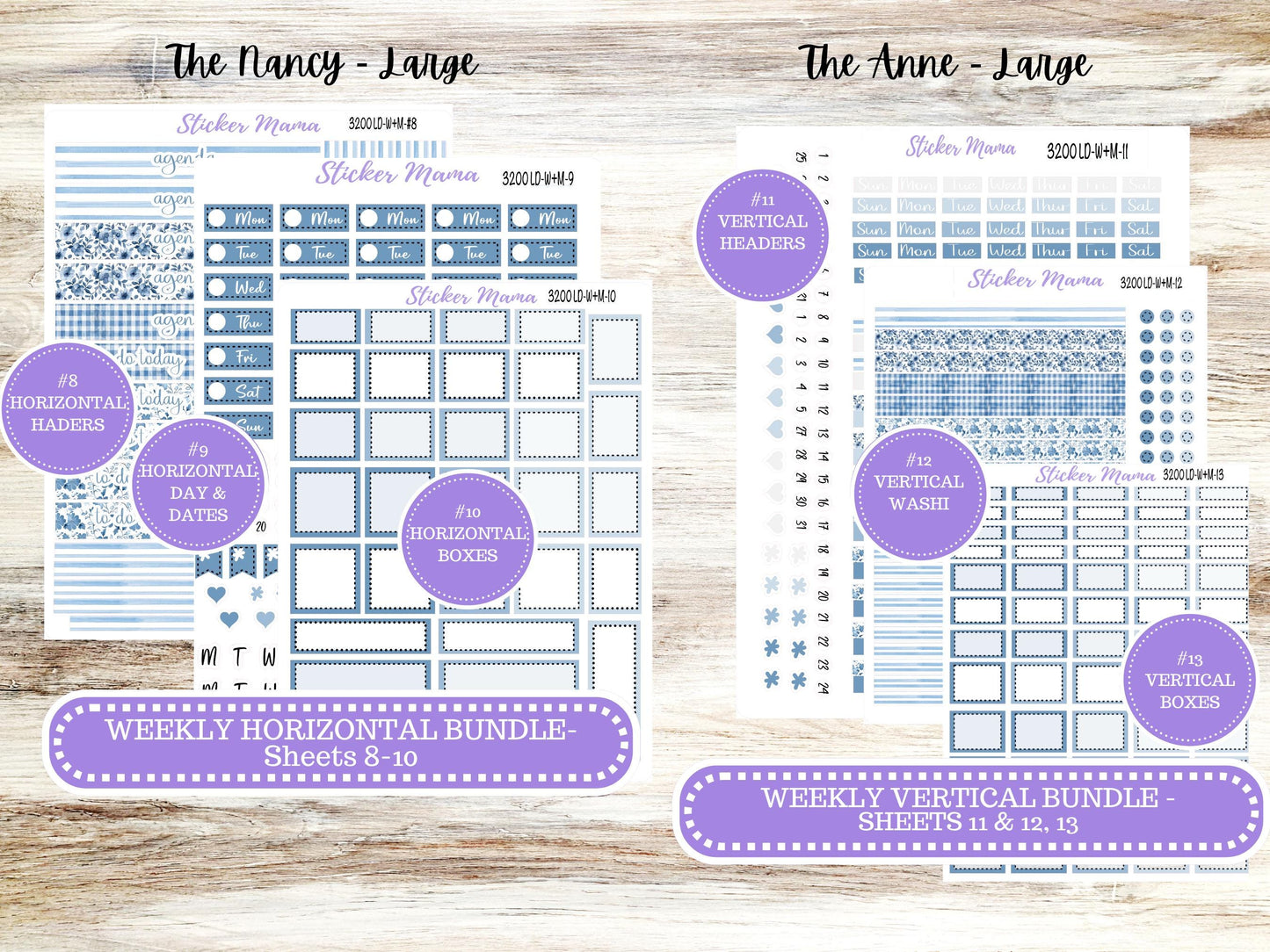 LD “The Nancy & Anne” Large || Week + Month PLANNER Monthly Kit #3200 Blue Blossom || Horizontal Vertical Kit || Choose Your Month || 12-25