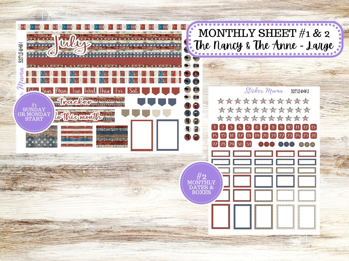 Laurel Denise Large Nancy & Large Anne Planner Sticker Kit | Vertical Horizontal Week + Month | July Old Glory 3217 | 4-26