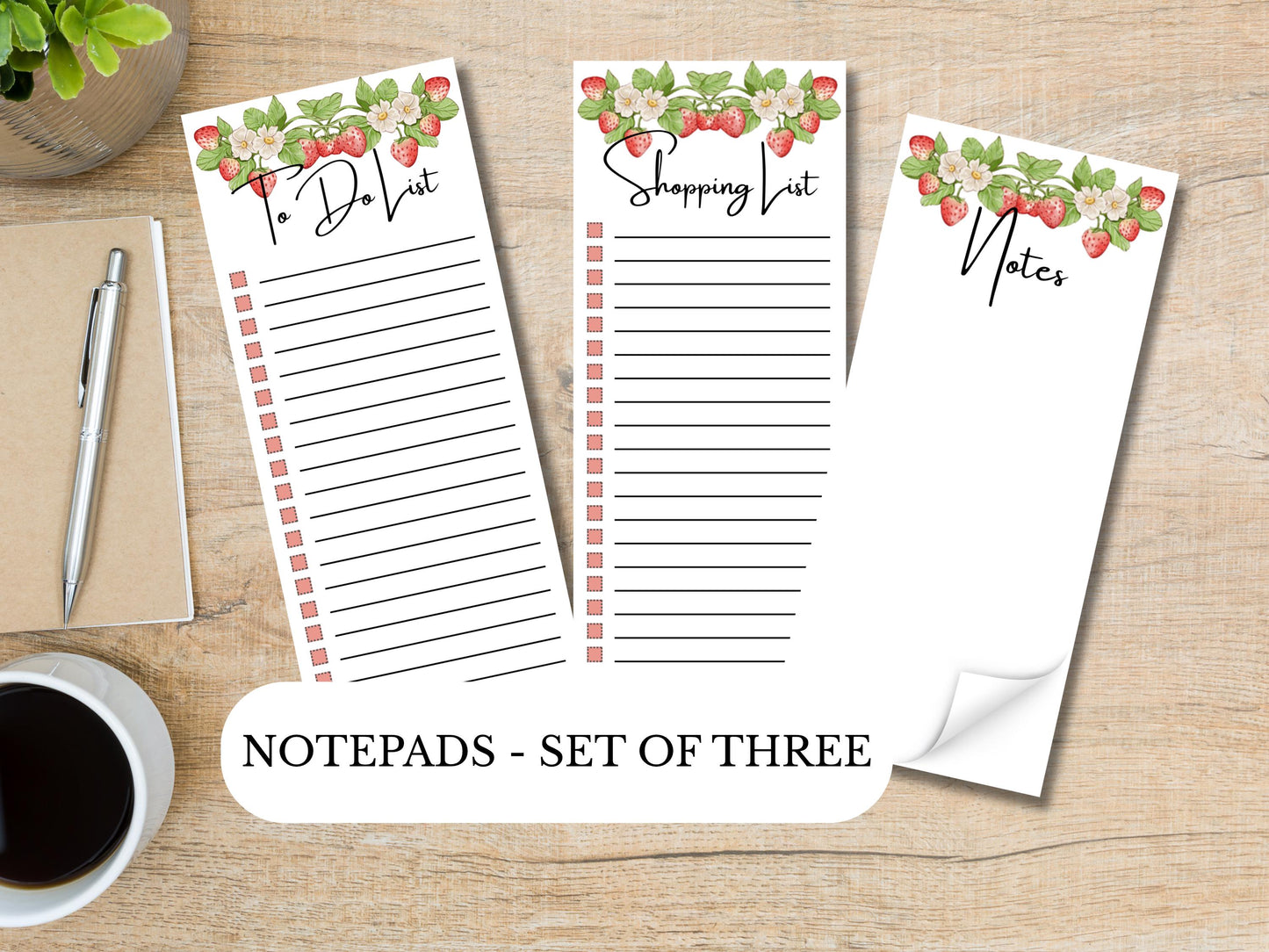 Strawberry Dream Notepads | Set of Three | 3.5 x 8 | To Do List | Shopping List | Notes