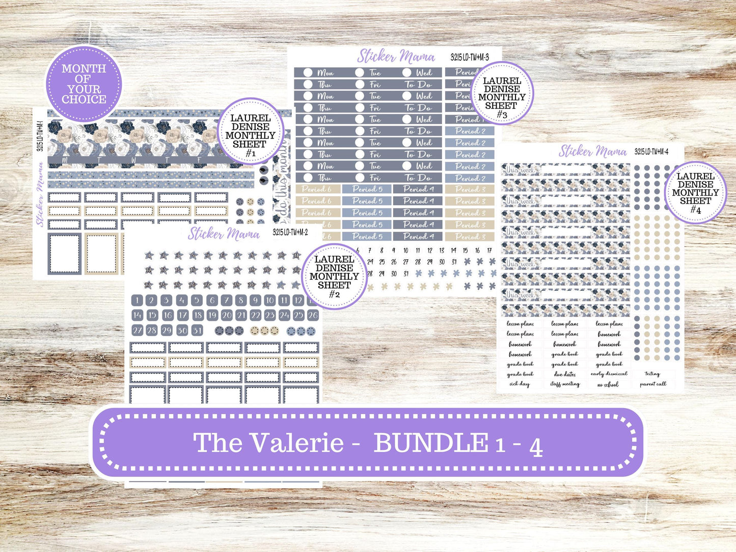 Laurel Denise Valerie Planner Stickers | LD Teacher Week + Month Planner Kit | Month of your Choice #3215 Shabby Chic | 1-26
