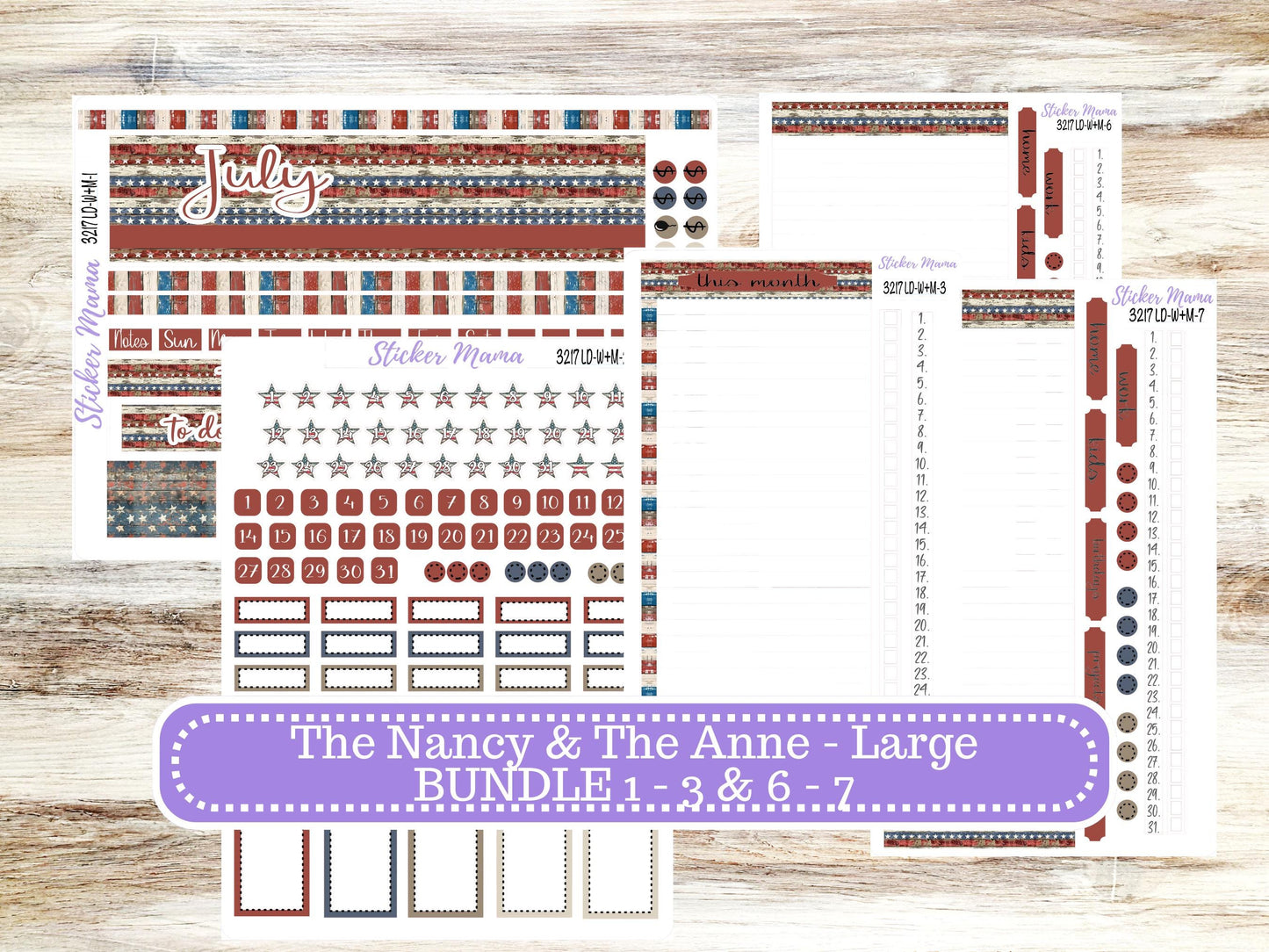 Laurel Denise Large Nancy & Large Anne Planner Sticker Kit | Vertical Horizontal Week + Month | July Old Glory 3217 | 4-26