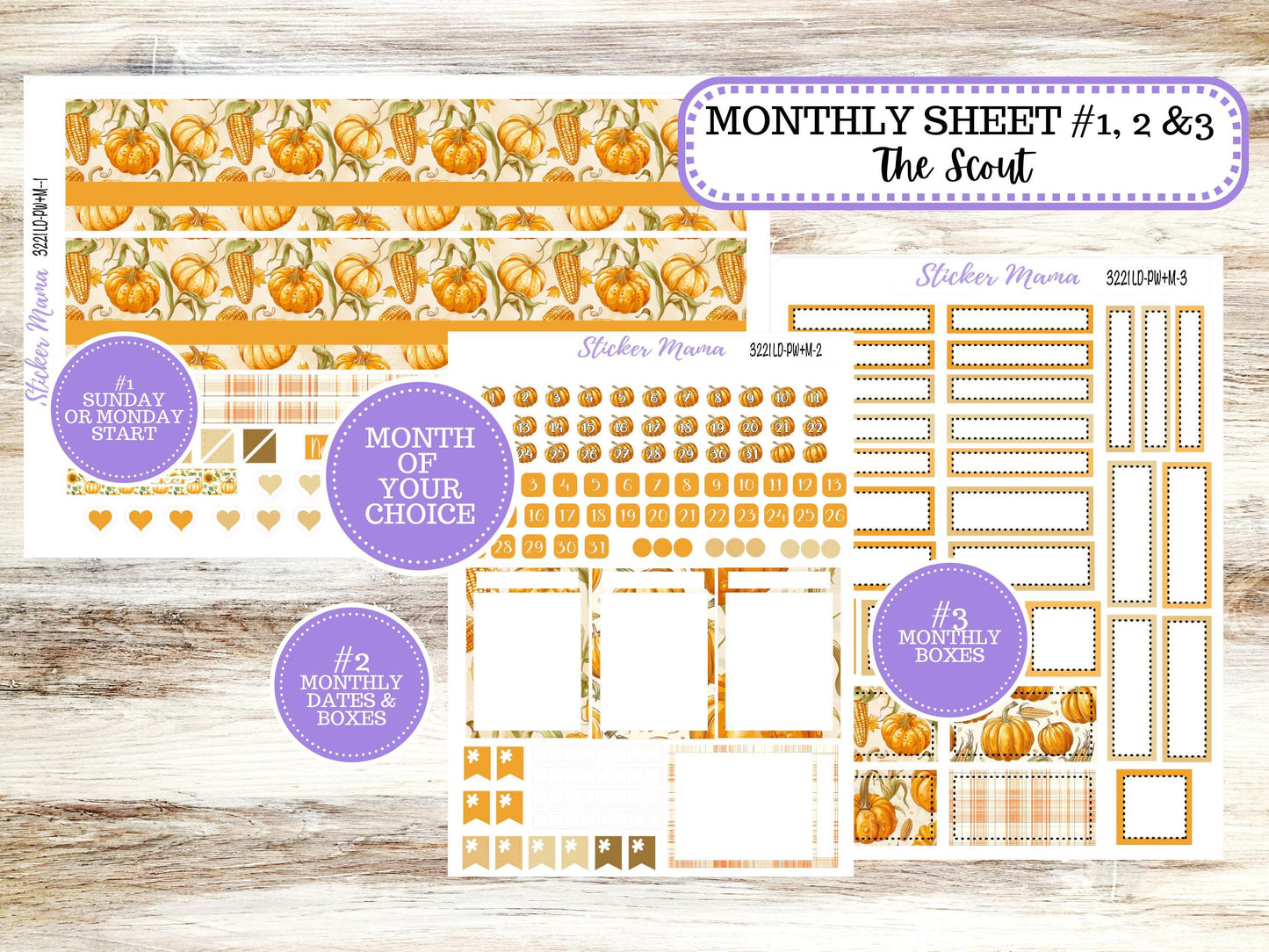 Laurel Denise Large Scout Planner Sticker Kit | Portrait Weekly + Monthly | Month of your Choice Fall | 3221 Pumpkin & Cornstalk | 6-26