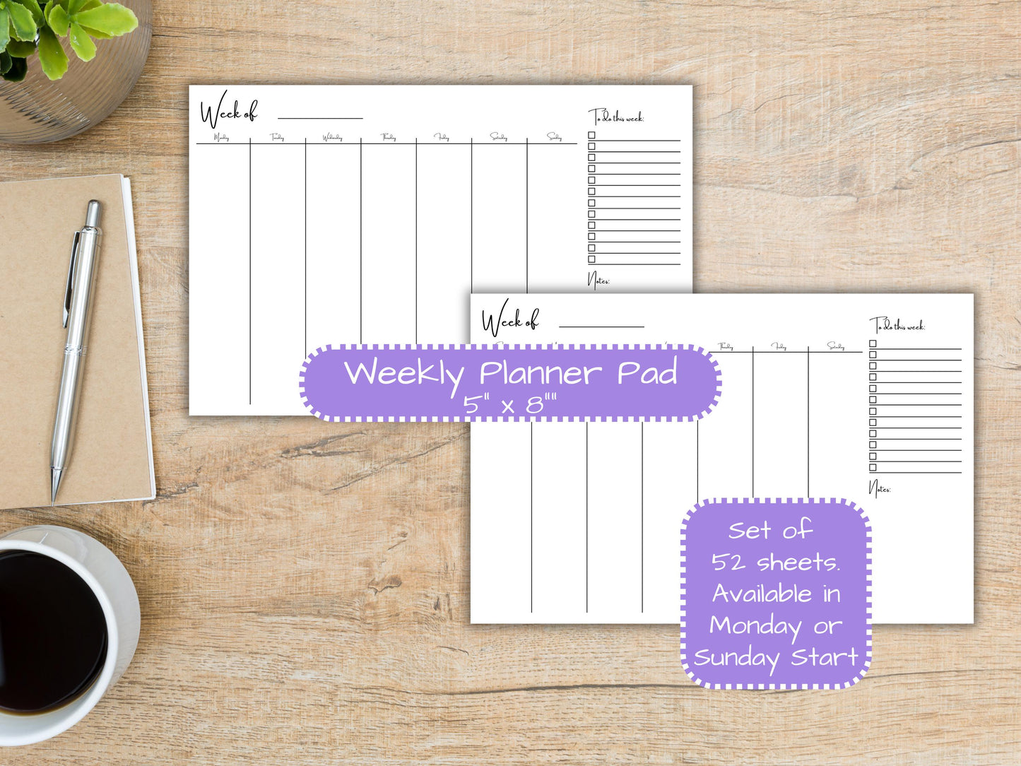 Vertical Weekly Planner Pad 5x8 | Desk Planning Notepad | Undated Organizer