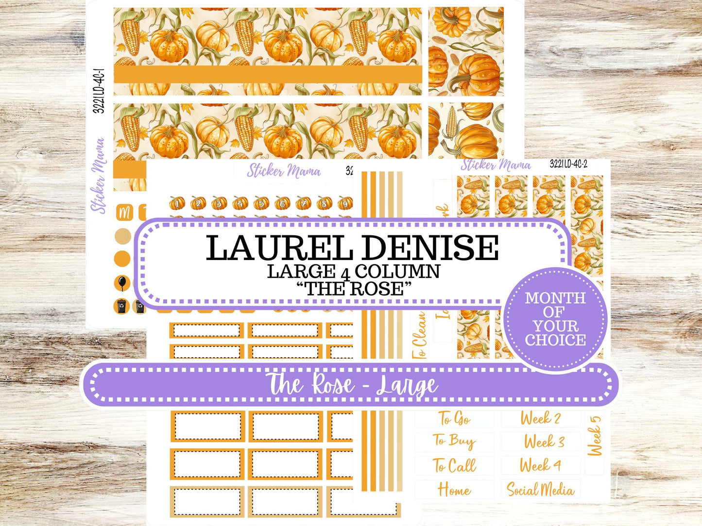 Laurel Denise Large Rose Planner Sticker Kit | 4-COLUMN | Month of your Choice Fall | Pumpkins & Cornstalks 3221 | 6-26
