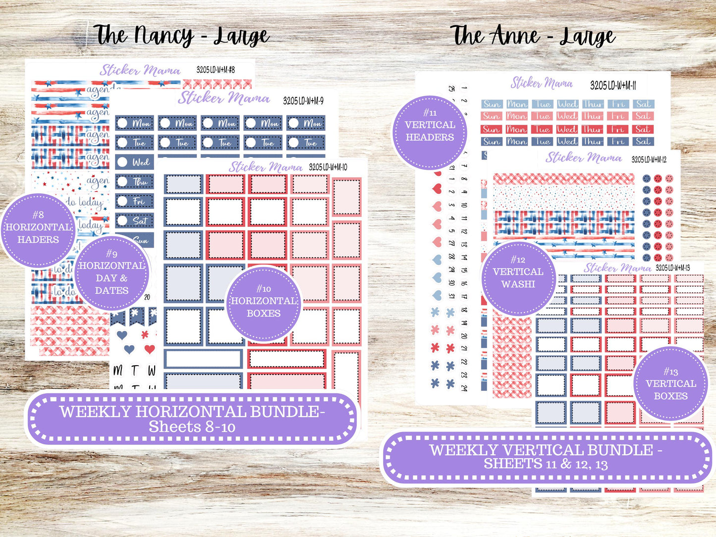 Laurel Denise Large Nancy & Large Anne Planner Sticker Kit | Vertical Horizontal Week + Month | July Patriotic Festivities 3205 | 4-26
