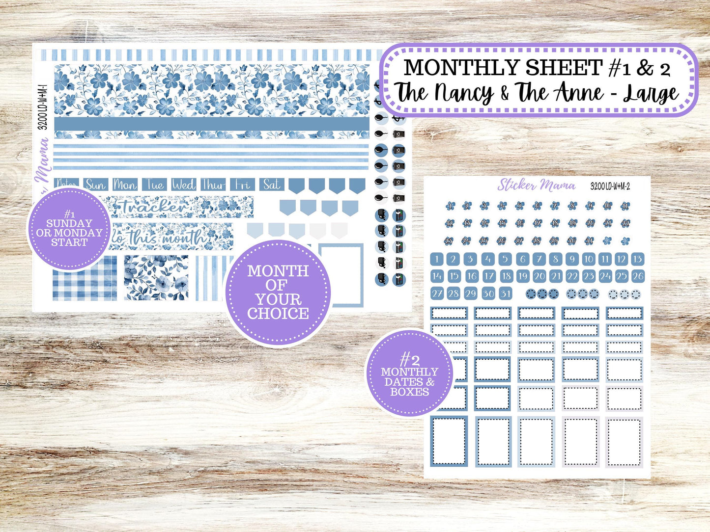 LD “The Nancy & Anne” Large || Week + Month PLANNER Monthly Kit #3200 Blue Blossom || Horizontal Vertical Kit || Choose Your Month || 12-25