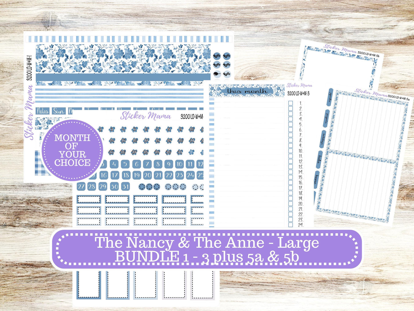LD “The Nancy & Anne” Large || Week + Month PLANNER Monthly Kit #3200 Blue Blossom || Horizontal Vertical Kit || Choose Your Month || 12-25