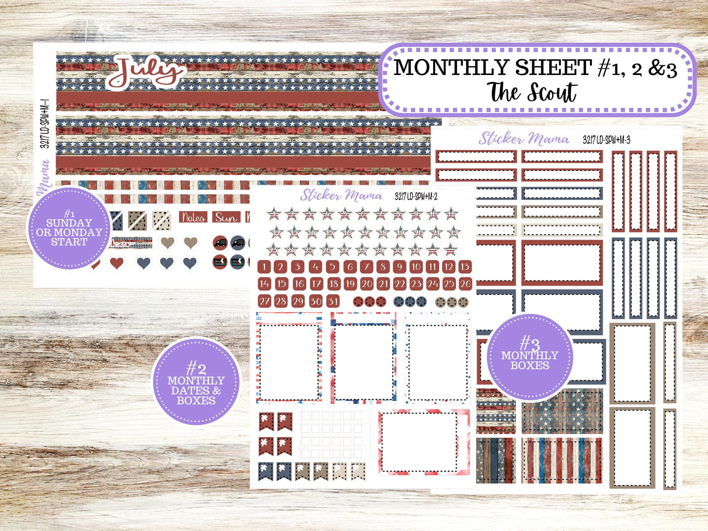 Laurel Denise Small Scout Planner Sticker Kit | Portrait Weekly + Monthly | July Old Glory 3217 | 4-26