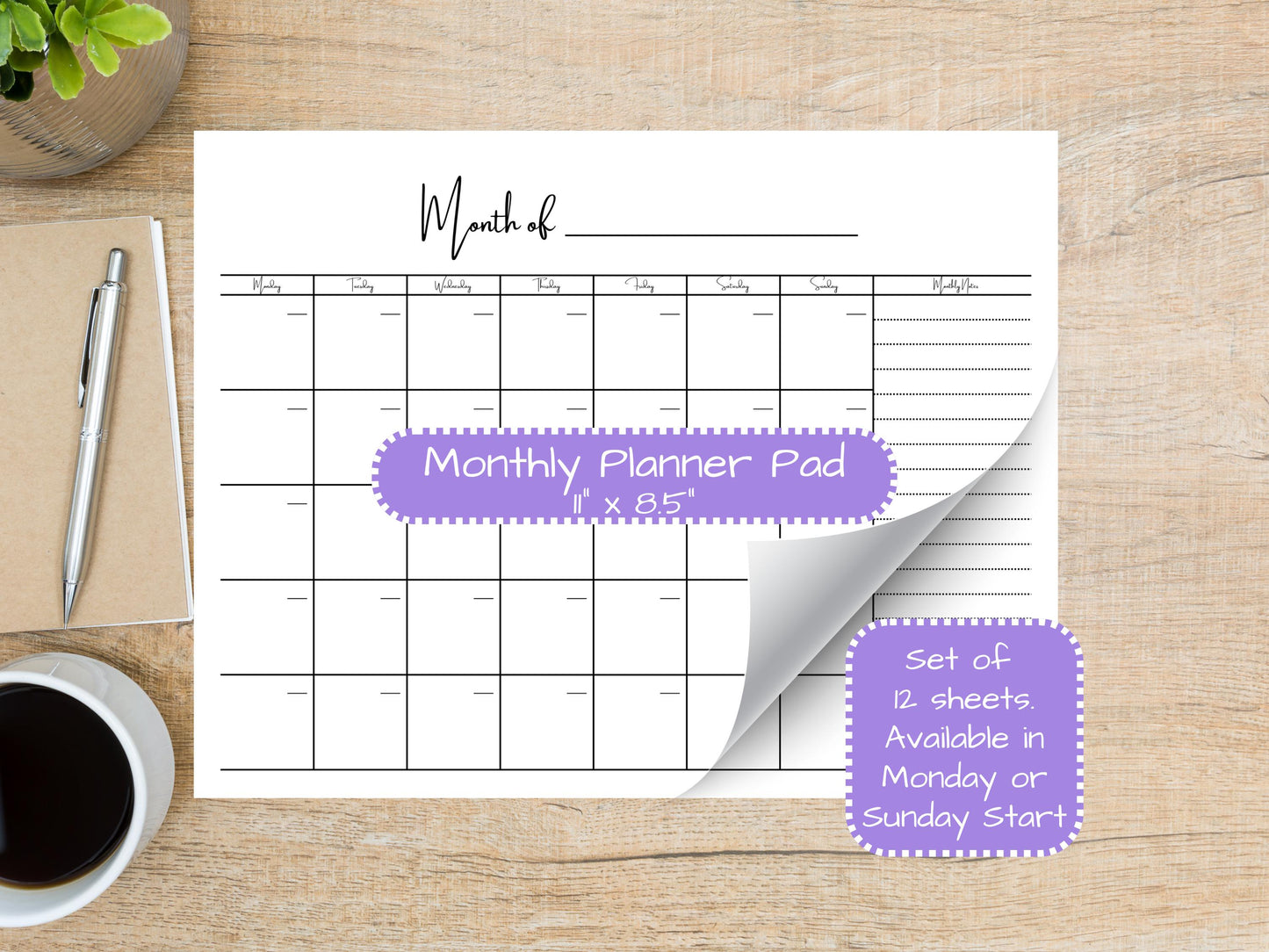 Minimalist Side Monthly Calendar Planner Pad | 11” x 8.5”