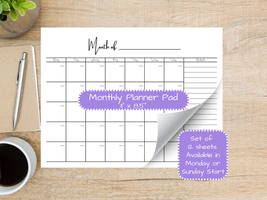 Minimalist Side Monthly Calendar Planner Pad | 11” x 8.5”