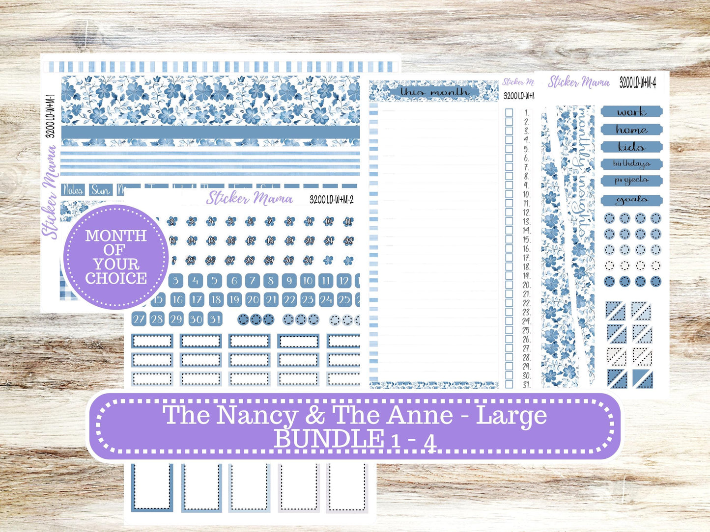 LD “The Nancy & Anne” Large || Week + Month PLANNER Monthly Kit #3200 Blue Blossom || Horizontal Vertical Kit || Choose Your Month || 12-25
