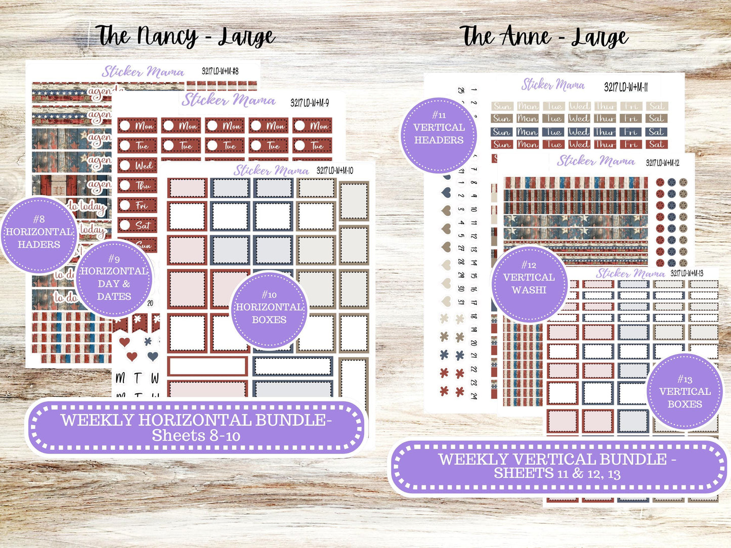 Laurel Denise Large Nancy & Large Anne Planner Sticker Kit | Vertical Horizontal Week + Month | July Old Glory 3217 | 4-26