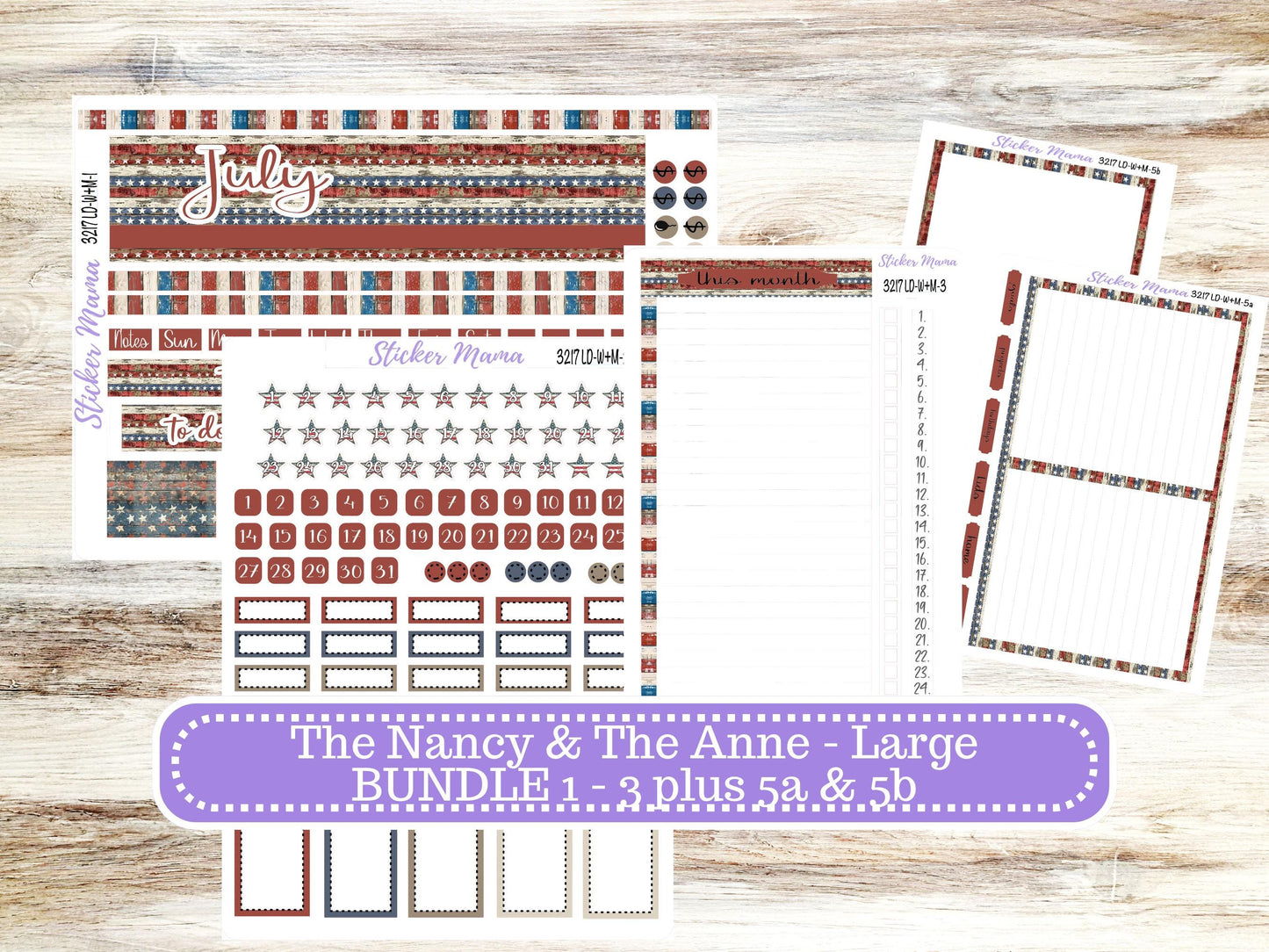 Laurel Denise Large Nancy & Large Anne Planner Sticker Kit | Vertical Horizontal Week + Month | July Old Glory 3217 | 4-26