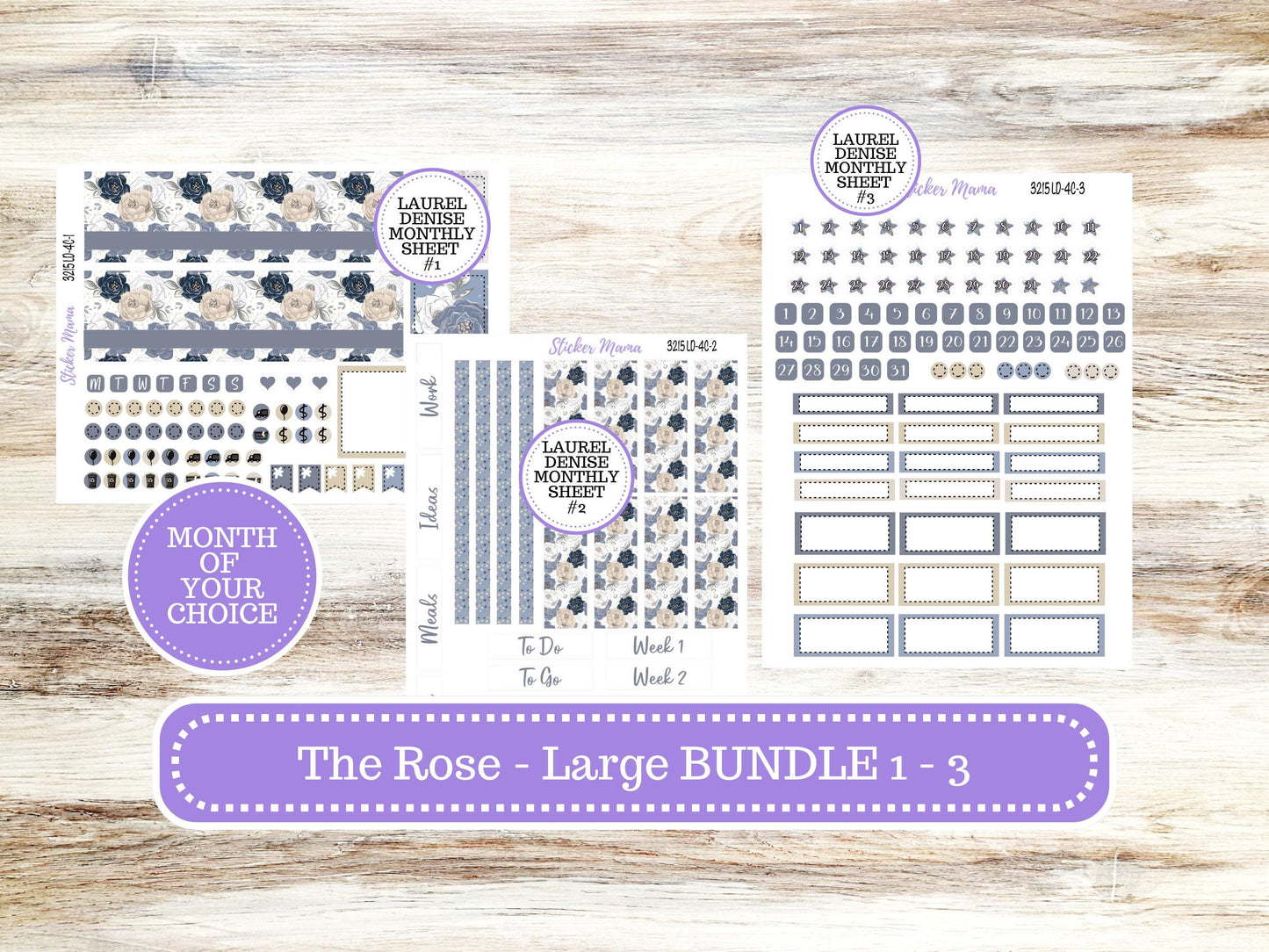 Laurel Denise Large Rose Planner Sticker Kit | 4-COLUMN (formerly project) | Month of your Choice #3215 Charming Roses | 1-26