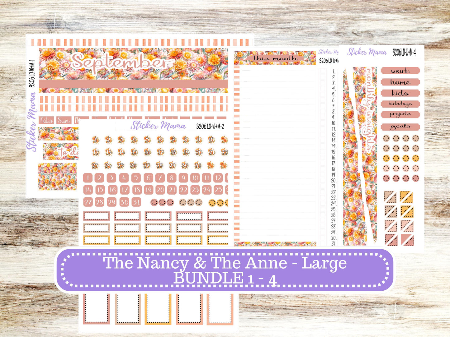 Laurel Denise Large Nancy & Large Anne Planner Sticker Kit | Vertical Horizontal Week + Month | September Sunflower Harvest 3206 | 6-26