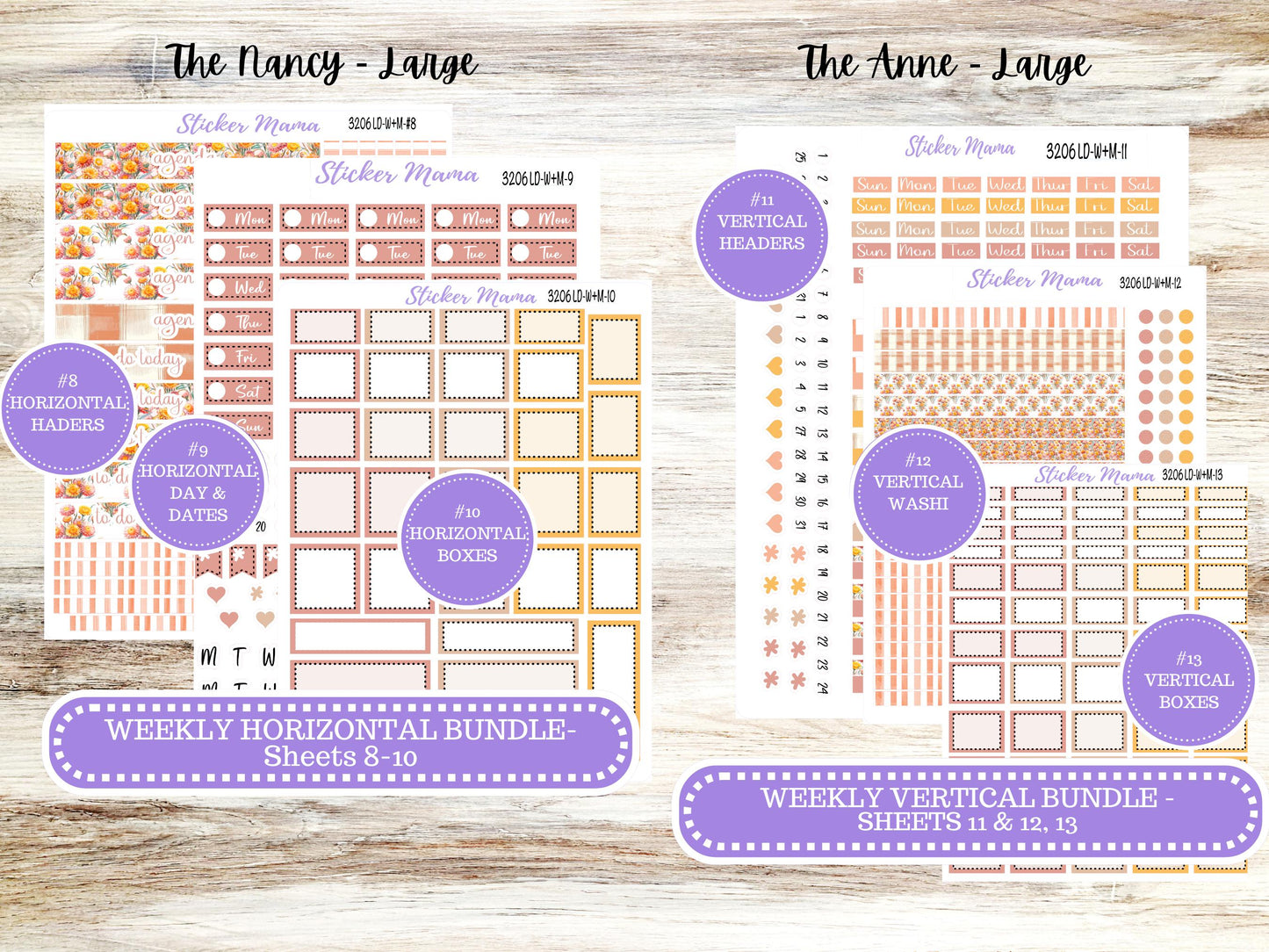 Laurel Denise Large Nancy & Large Anne Planner Sticker Kit | Vertical Horizontal Week + Month | September Sunflower Harvest 3206 | 6-26