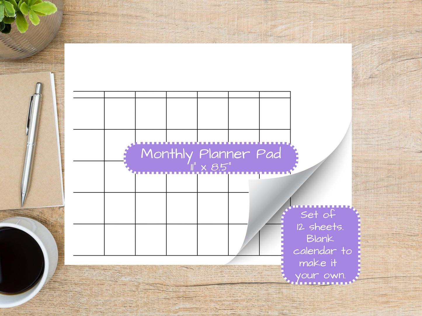 Bare Minimalist Monthly Planner Pad 8.5x11 | Desk Planning Notepad | undated Organizer