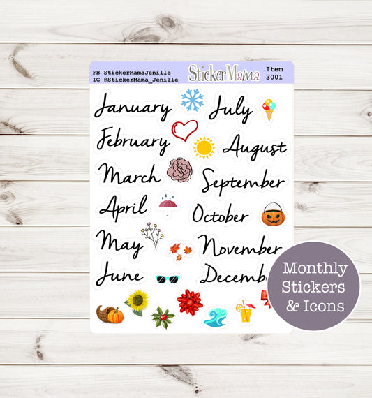 MONTHLY STICKERS - 3001 - Month Planner Stickers - Months of the Year Stickers - Planner Stickers