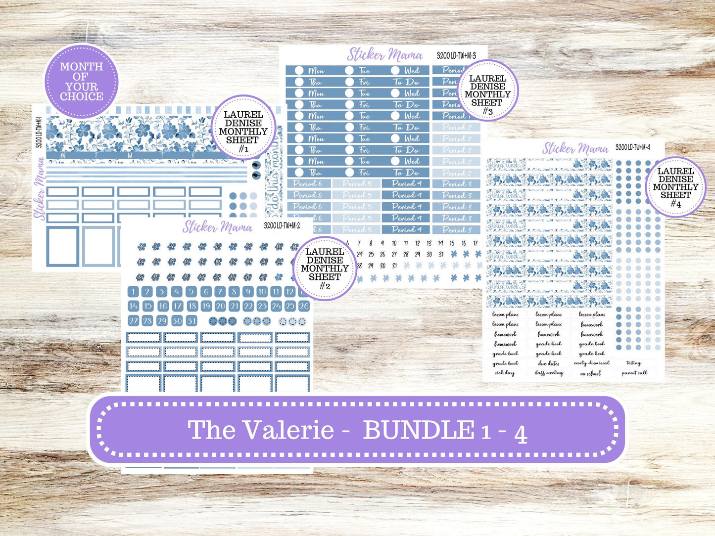 LD "The Valerie" || TEACHER Week + Month Planner Kit #3200 || Choose Your Month Blue Blossom || Laurel Denise Teacher Planner | 12-25