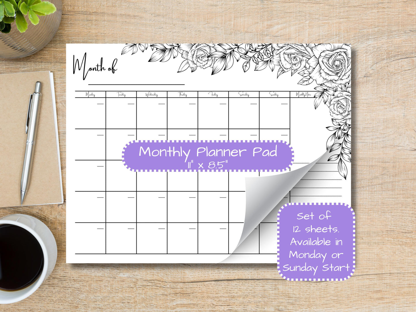 Cute Roses Monthly Planner Pad 8.5x11 | Tear Off Desk Pad | Floral Productivity Planner