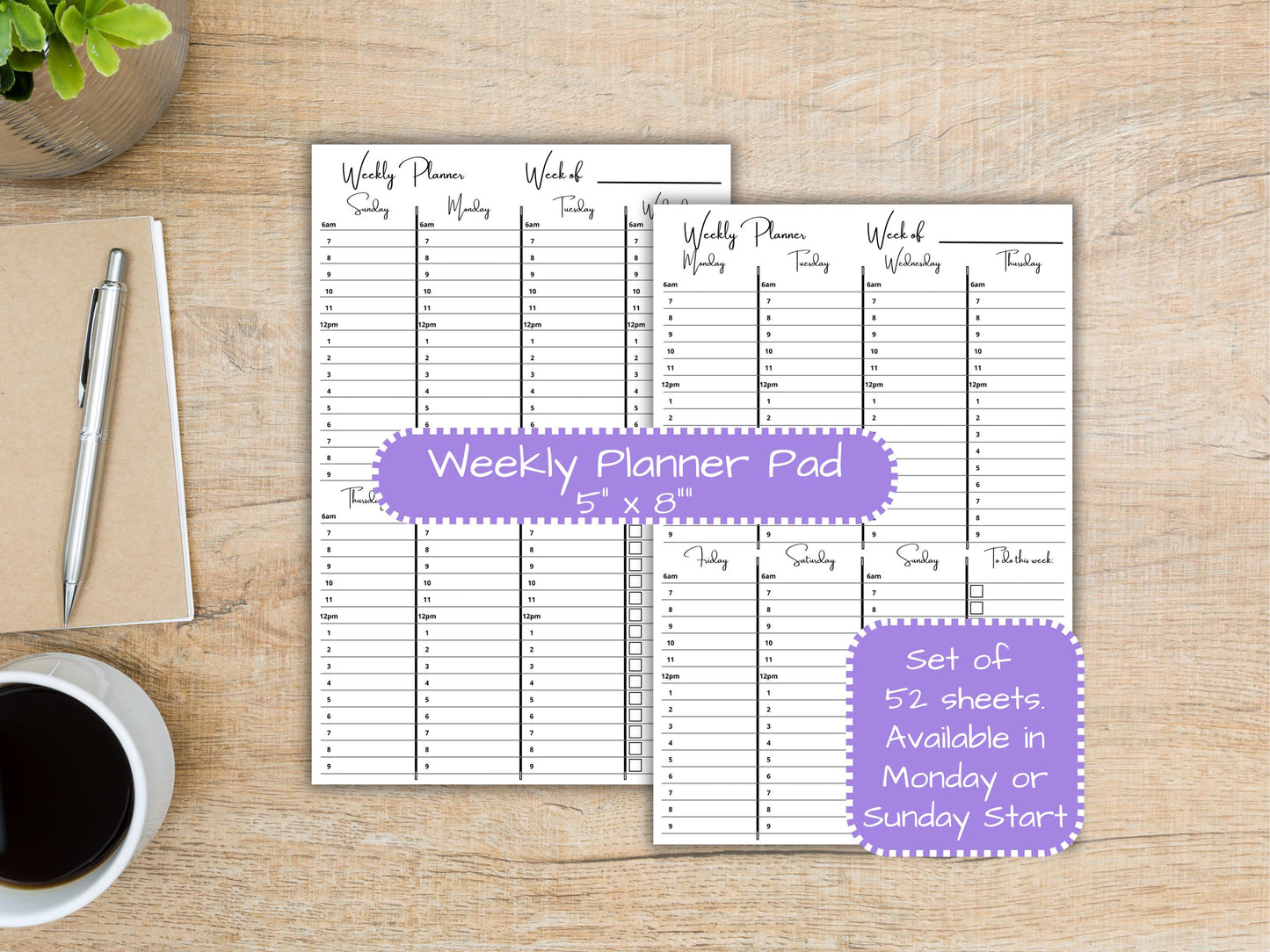 Hourly Weekly Planner Pad 5x8 | Desk Planning Notepad | Undated Organizer