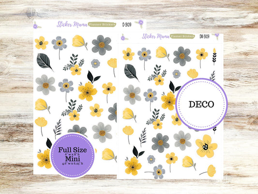 DECO-3109 || Grey and Yellow Floral  || PLANNER STICKERS || Spring Stickers ||