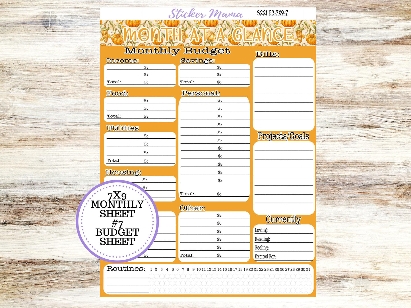 Erin Condren Monthly Kit 7X9 | 3221  Pumpkin & Cornstalk | Month of your Choice - Undated