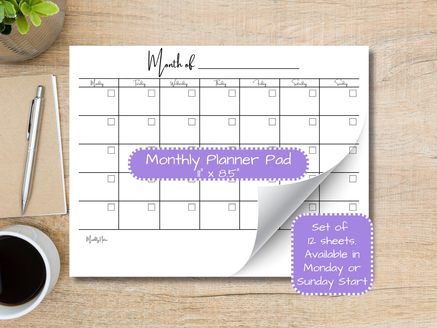 Minimalist Bottom Notes Monthly Planner Pad 8.5x11 | Desk Planning Notepad | Undated Organizer