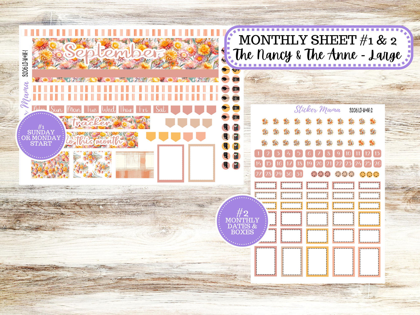 Laurel Denise Large Nancy & Large Anne Planner Sticker Kit | Vertical Horizontal Week + Month | September Sunflower Harvest 3206 | 6-26