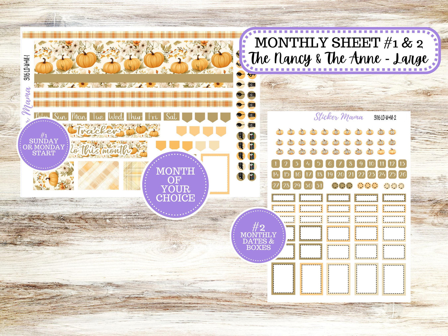 Laurel Denise Large Nancy & Anne Planner Sticker Kit | Vertical Horizontal Week + Month | Choose your own month | Fall 3116 Pumpkin Spice