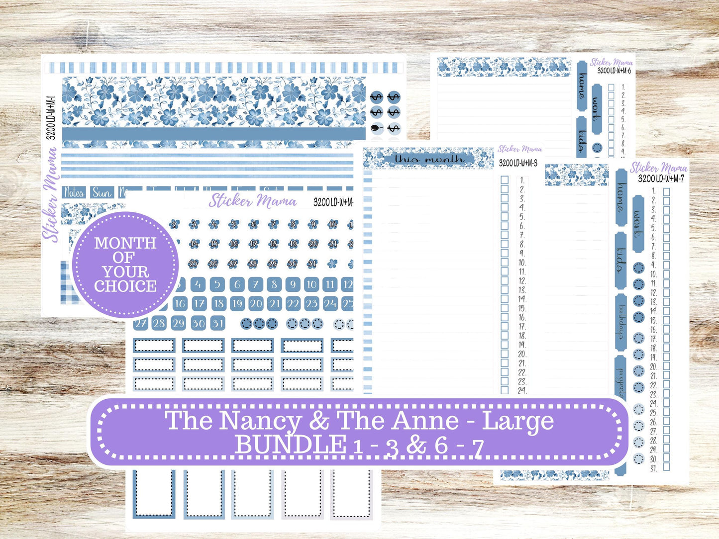LD “The Nancy & Anne” Large || Week + Month PLANNER Monthly Kit #3200 Blue Blossom || Horizontal Vertical Kit || Choose Your Month || 12-25