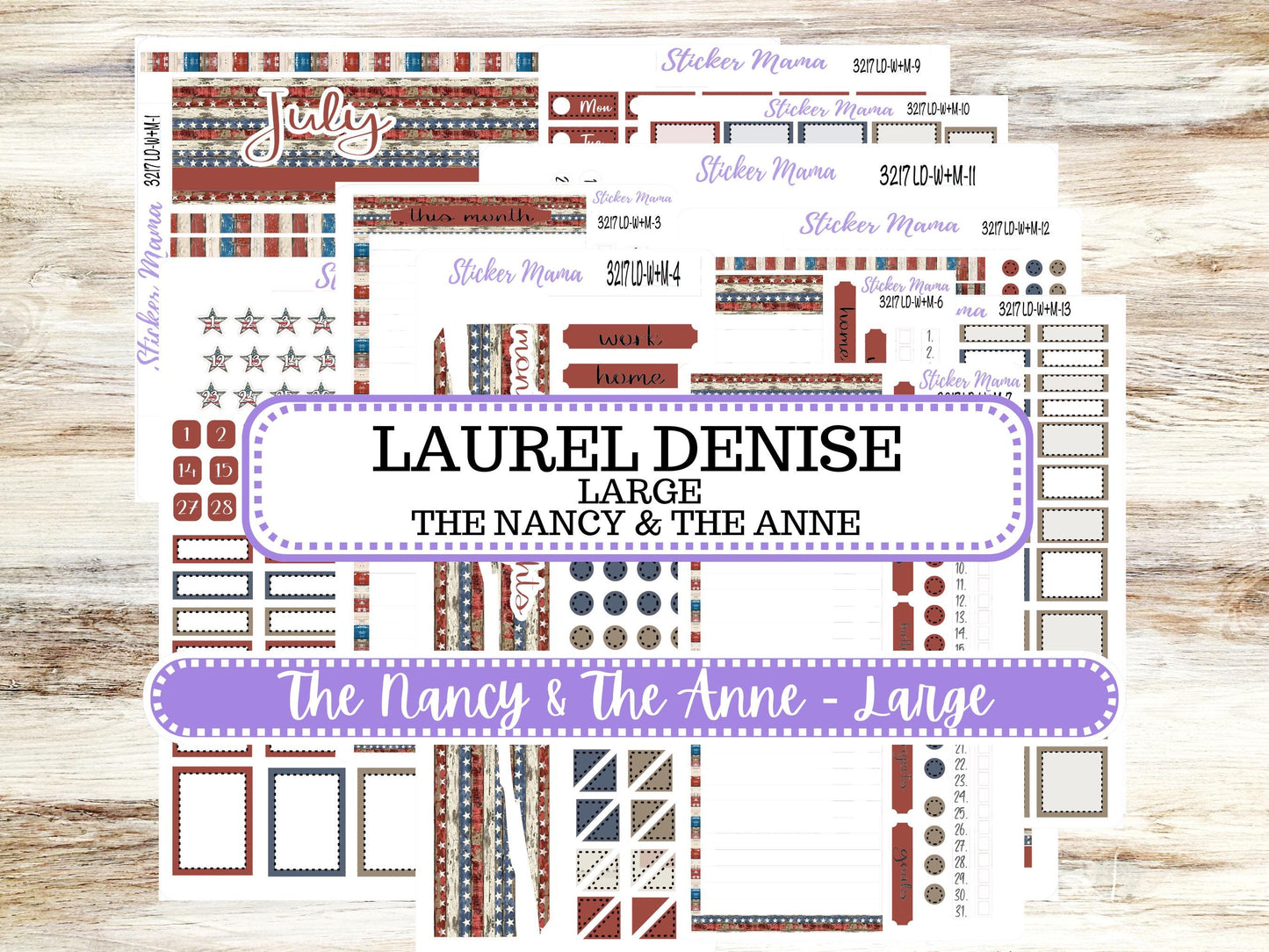 Laurel Denise Large Nancy & Large Anne Planner Sticker Kit | Vertical Horizontal Week + Month | July Old Glory 3217 | 4-26