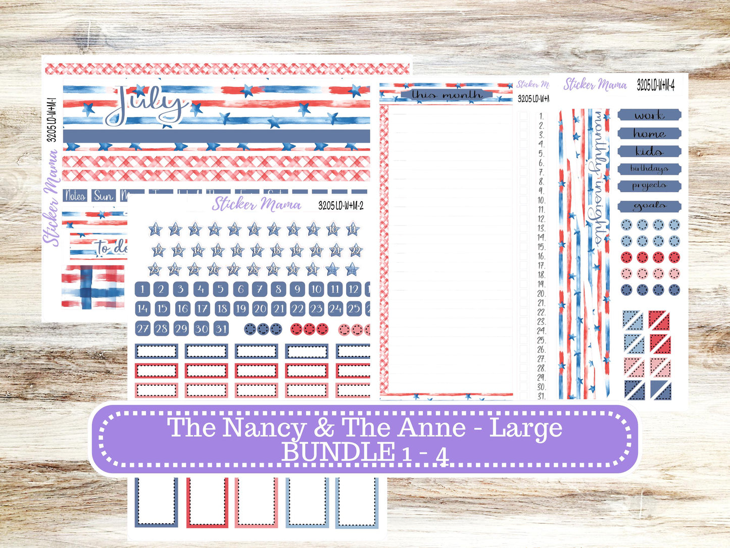 Laurel Denise Large Nancy & Large Anne Planner Sticker Kit | Vertical Horizontal Week + Month | July Patriotic Festivities 3205 | 4-26