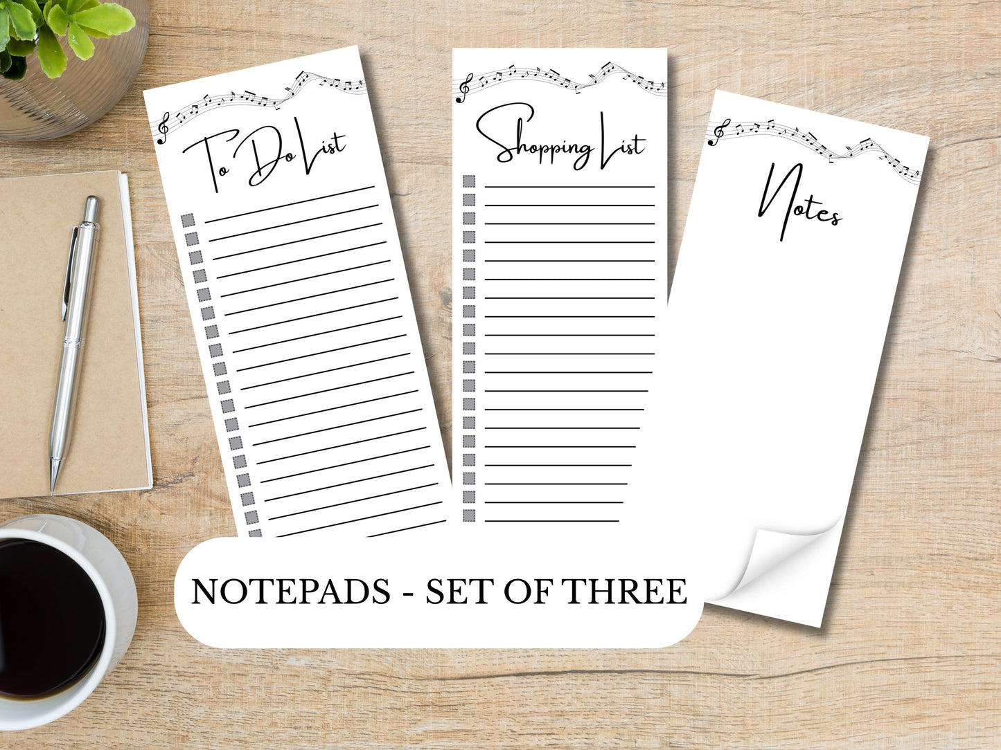 Music Sheet Notepads | Set of Three | 3.5 x 8 | To Do List | Shopping List | Notes