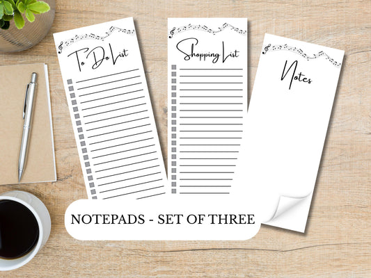 Music Sheet Notepads | Set of Three | 3.5 x 8 | To Do List | Shopping List | Notes