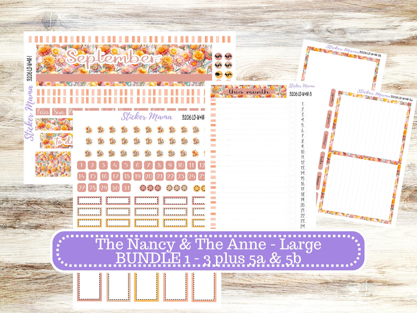 Laurel Denise Large Nancy & Large Anne Planner Sticker Kit | Vertical Horizontal Week + Month | September Sunflower Harvest 3206 | 6-26