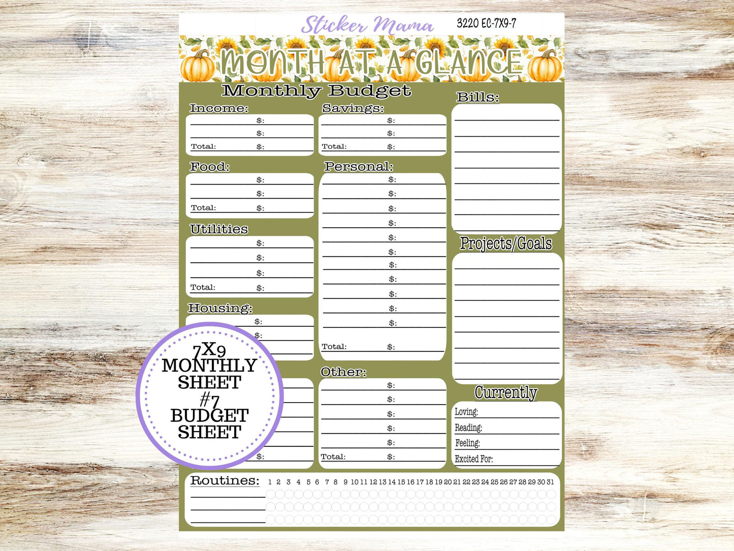 Erin Condren Monthly Kit 7X9 | 3220  Sunflower Harvest | Month of your Choice - Undated
