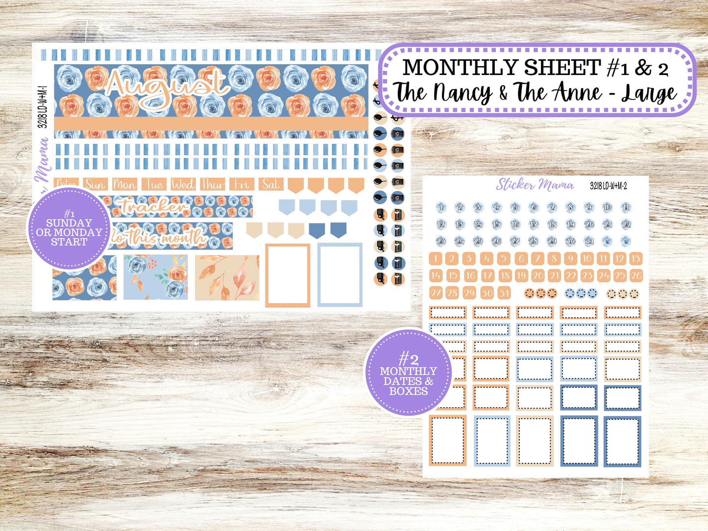 Laurel Denise Large Nancy & Large Anne Planner Sticker Kit | Vertical Horizontal Week + Month | August Blossom Breeze 3218 | 5-26