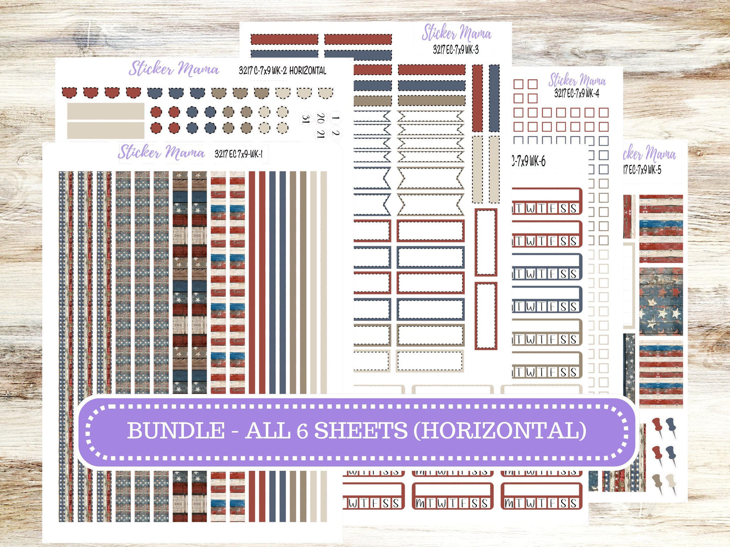 Erin Condren Weekly Planner Kit | Vertical & Hourly Stickers | WK-3217 Old Glory