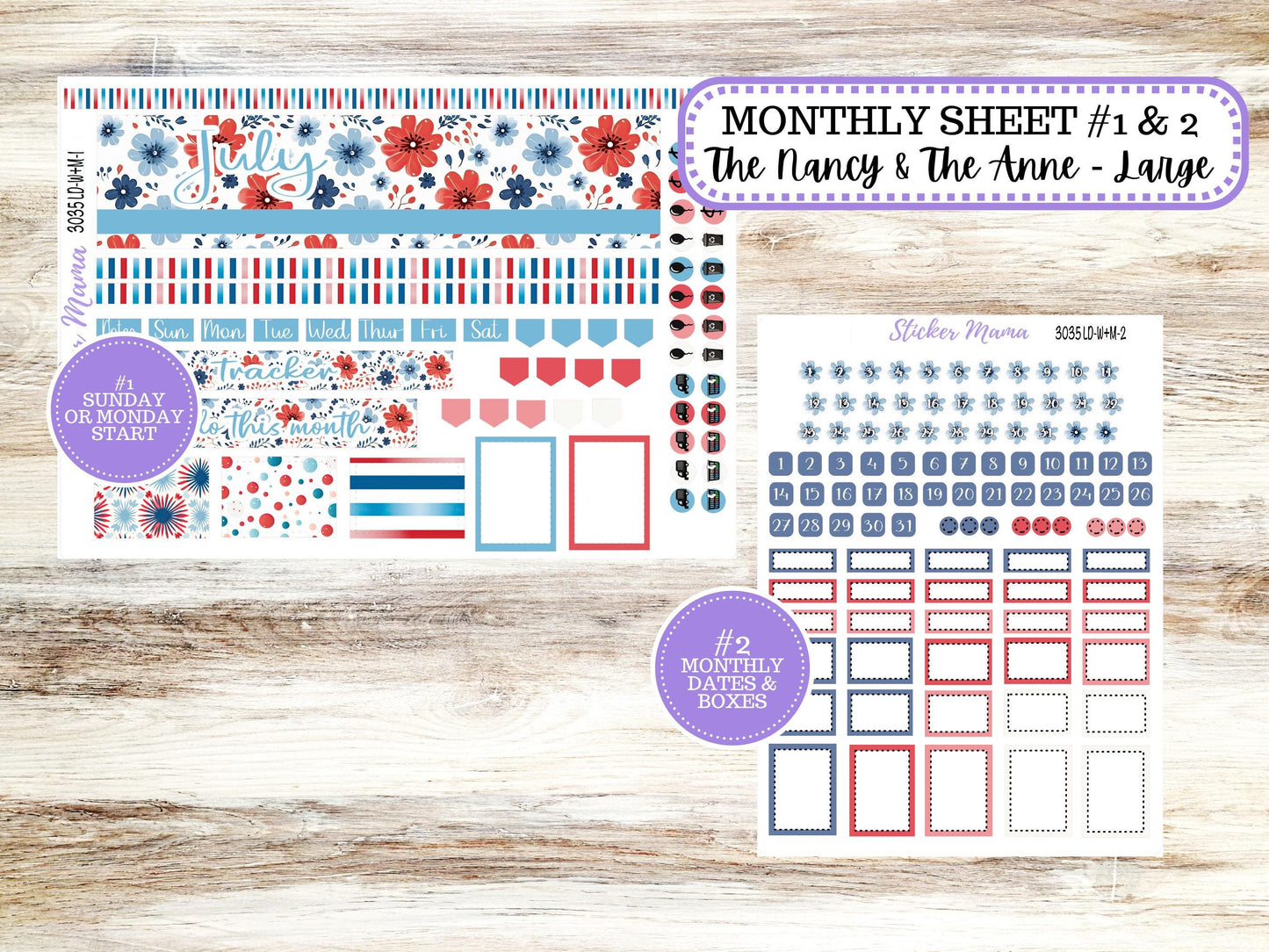 Laurel Denise Large Nancy & Large Anne Planner Sticker Kit | Vertical Horizontal Week + Month | July American Dream 3035 | 4-26