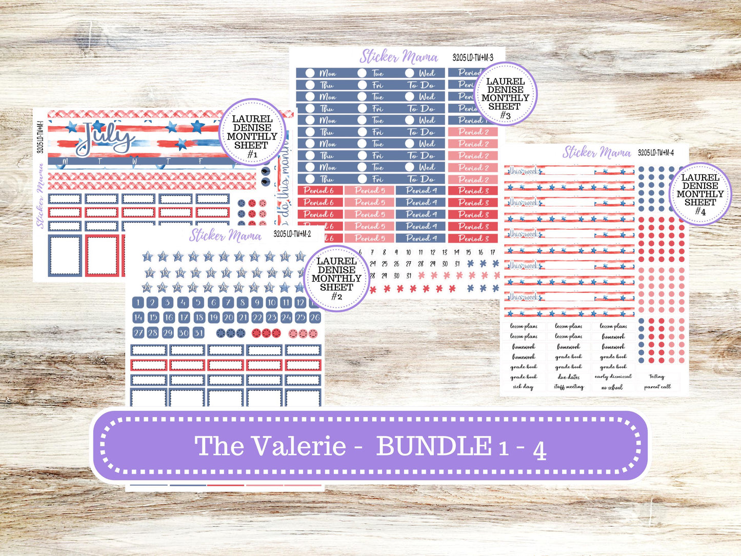 Laurel Denise Valerie Planner Stickers | LD Teacher Week + Month Planner Kit | July 3205 Patriotic Festivities | 4-26
