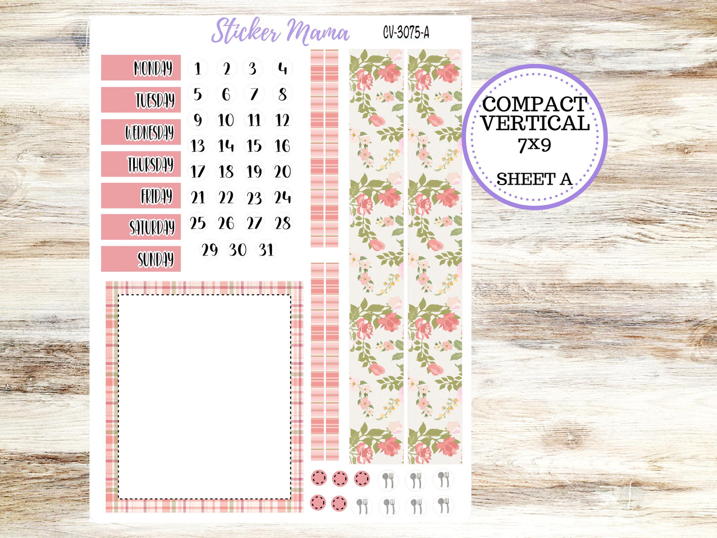 ERIN CONDREN 7x9 Compact Vertical-Kit #3075 || Shabby Chic Roses - Planner Stickers - Erin Condren Compact Vertical  Weekly Kit