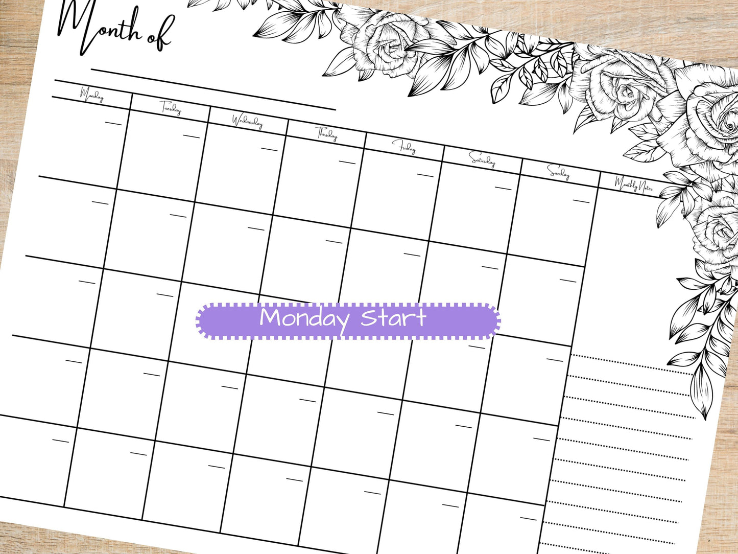 Cute Roses Monthly Planner Pad 8.5x11 | Tear Off Desk Pad | Floral Productivity Planner