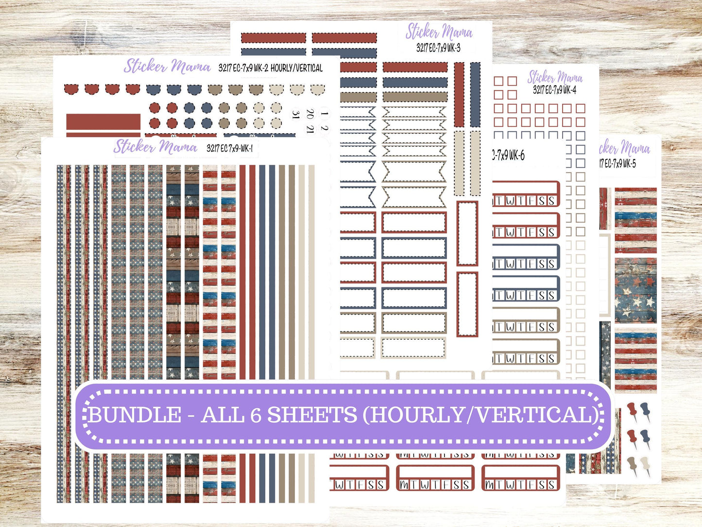 Erin Condren Weekly Planner Kit | Vertical & Hourly Stickers | WK-3217 Old Glory