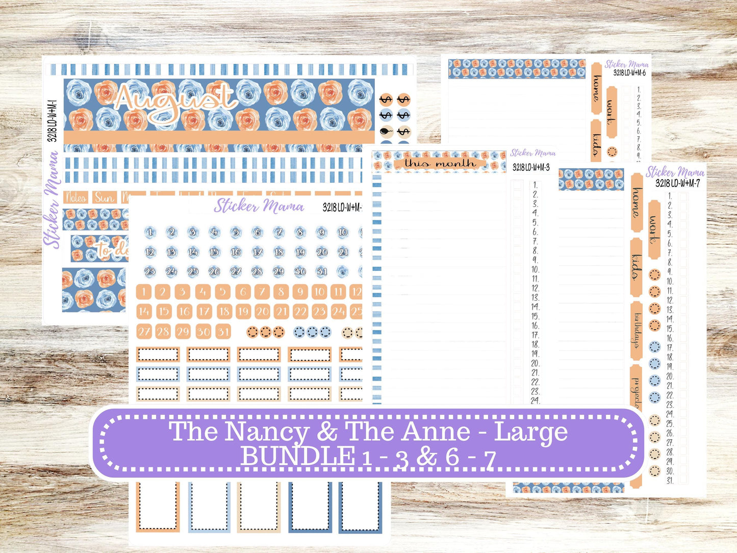 Laurel Denise Large Nancy & Large Anne Planner Sticker Kit | Vertical Horizontal Week + Month | August Blossom Breeze 3218 | 5-26