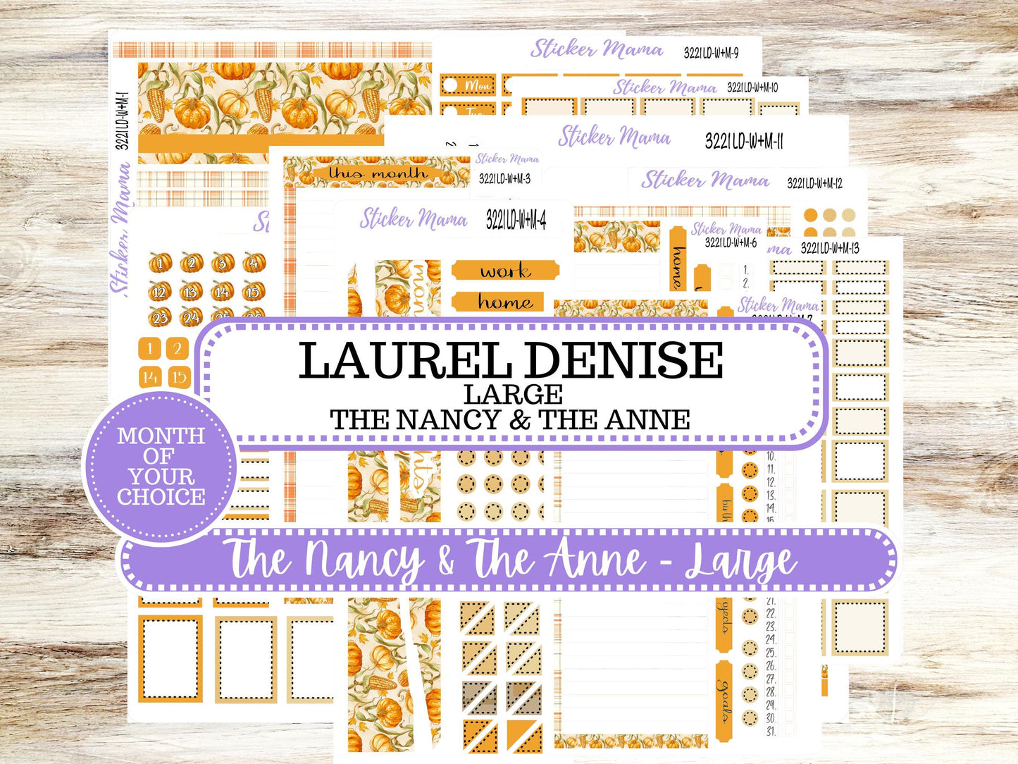 Laurel Denise Large Nancy & Anne Planner Sticker Kit | Vertical Horizontal Week + Month | Month of your Choice Fall | 3221 Pumpkin | 6-26