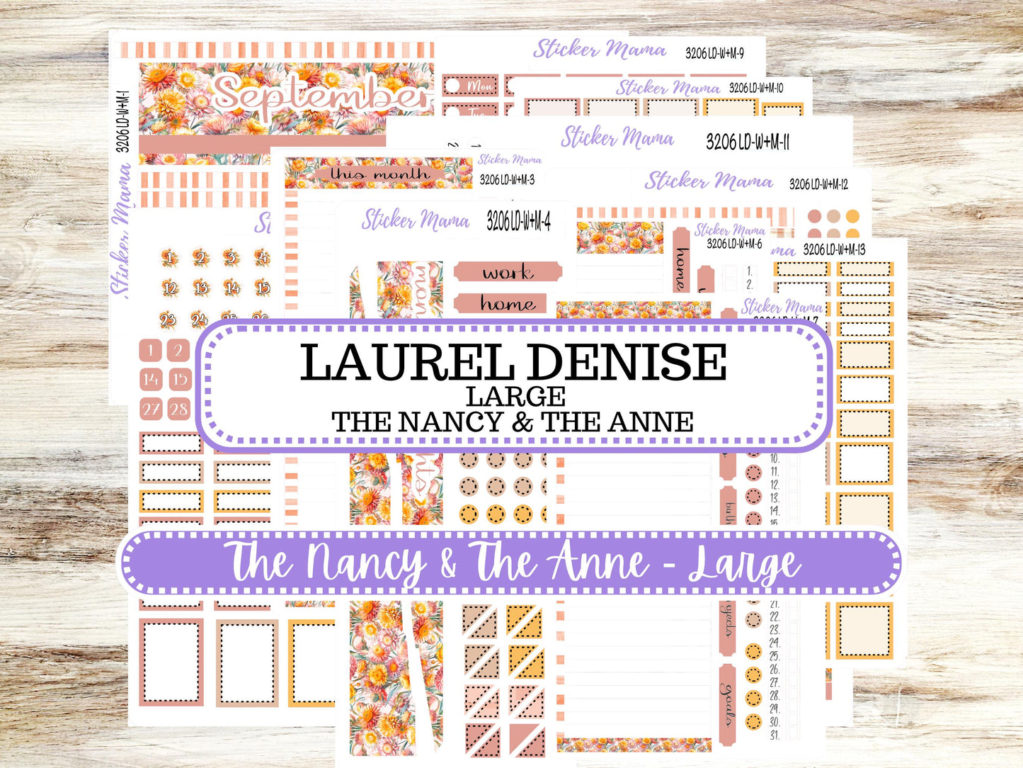 Laurel Denise Large Nancy & Large Anne Planner Sticker Kit | Vertical Horizontal Week + Month | September Sunflower Harvest 3206 | 6-26