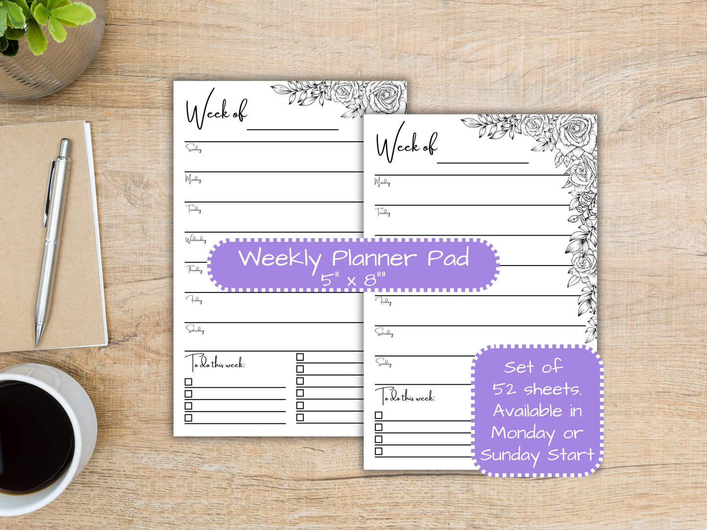Horizontal Roses Weekly Planner Pad 5x8 | Desk Planning Notepad | Undated Organizer